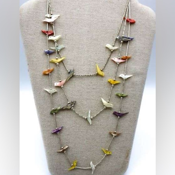 Vintage Zuni Fetish Necklace Hand-Carved Gemstone Birdsnative American Jewelry 644$
